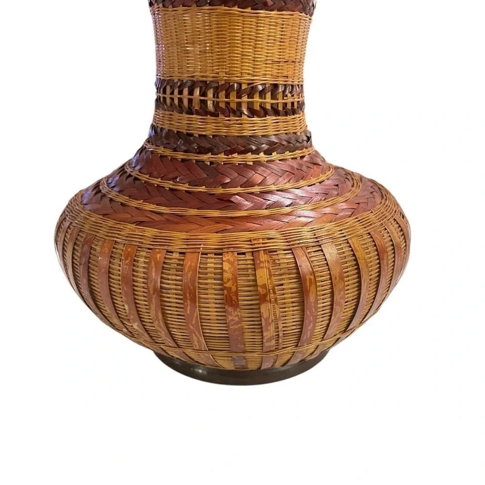 Vintage Shanghai Handicrafts Woven Wicker Rattan Bamboo Vase China 10.5